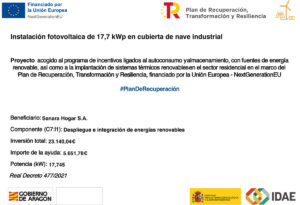Proyecto acogido al programa de incentivos ligados al autoconsumo y almacenamiento, con fuentes de energía renovable, así como a la implantación de sistemas térmicos renovables en el sector residencial en el marco del Plan de Recuperación, Transformación y Resiliencia, financiado por la Unión Europea - NextGenerationEU