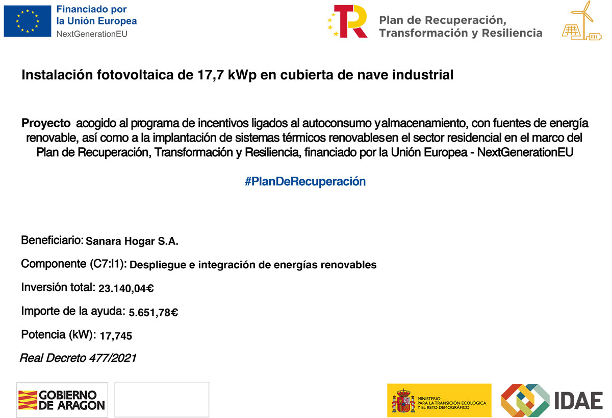 Proyecto acogido al programa de incentivos ligados al autoconsumo y almacenamiento, con fuentes de energía renovable, así como a la implantación de sistemas térmicos renovables en el sector residencial en el marco del Plan de Recuperación, Transformación y Resiliencia, financiado por la Unión Europea - NextGenerationEU